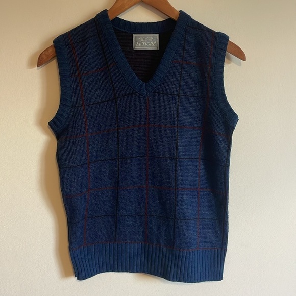 VTG Le Tigre Sweater Vest Small Navy Blue Grid Windowpane Sleeveless Grandpa - Picture 1 of 11